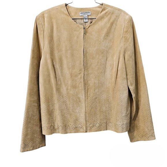Valerie Stevens Leather Boho Vintage Cutout Zip Up Tan Jacket - Picture 1 of 8